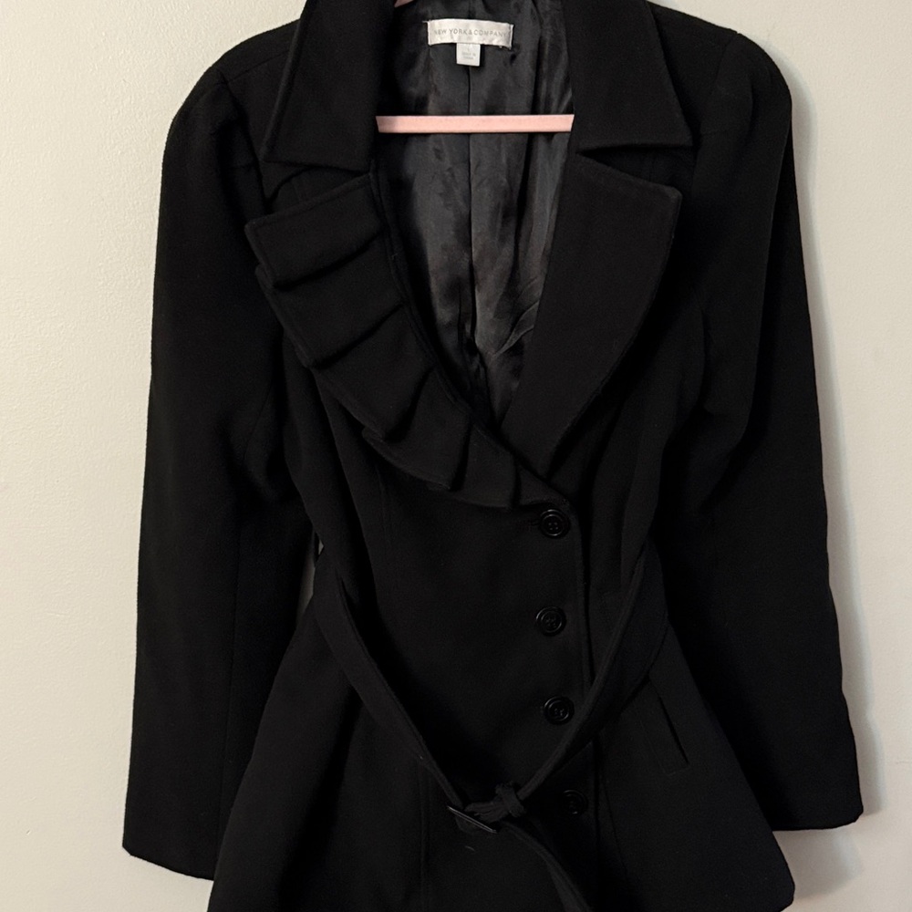 New York & Company Black Coat with one collar side ruffle detail and belt size L